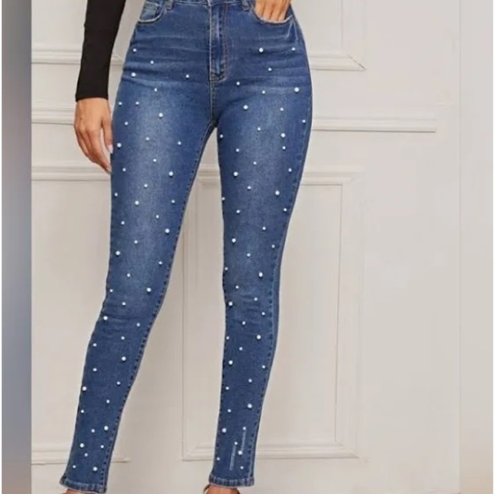 Pearl embellished stretch jeans